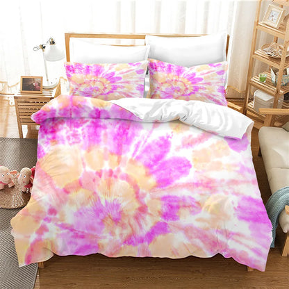 3pcs Tie Dyed Quilt Cover Set With Zipper pink white