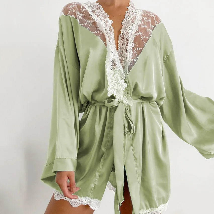 Ladies Lace Patchwork Thin Cardigan Strap Light Green Pajamas Kia Day Design