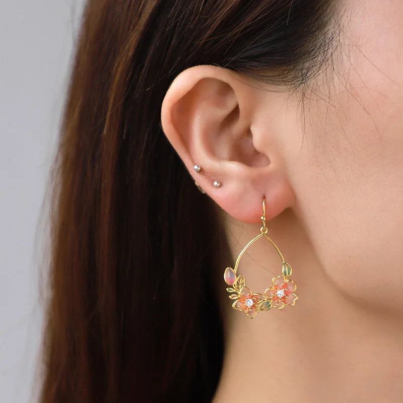 Women Copper Real Gold-Plated Pink Enamel Flower Earrings Kia Day Design