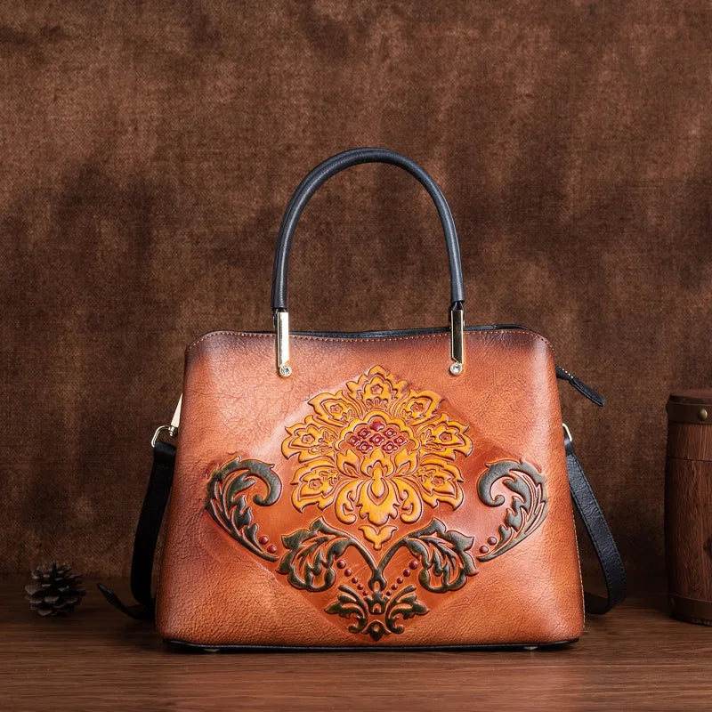 Traditional Chinese Style Durable Genuine Leather Tote Bag Real Leather Women Bags Kia Day Design