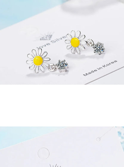 Yellow and White Daisy Dangle Earrings Zircon Dangle Enamel Flower Kia Day Design