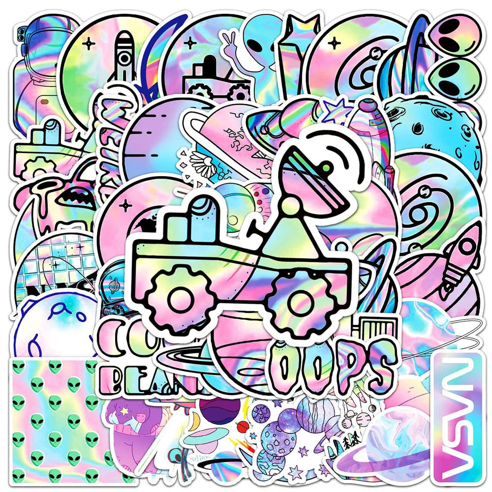 10/30/50pcs Holographic Laser Alien Outer Space Cartoon Stickers DIY Laptop Luggage Skateboard Phone Cool Sticker for Kids Toy- Perfecsy- {{Product type}}