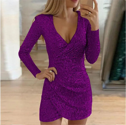 Women Sequined Solid Color V-Neck Long Sleeve Irregular Pencil Short Dress Kia Day Design