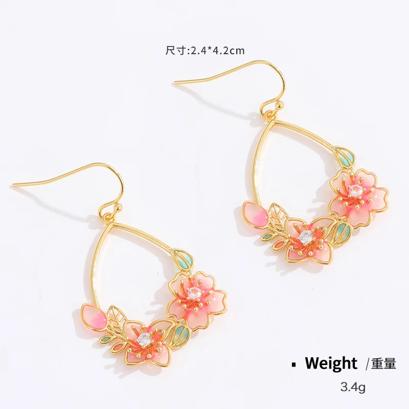 Women Copper Real Gold-Plated Pink Enamel Flower Earrings Kia Day Design