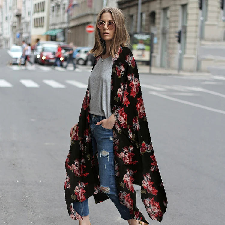 Woman Blouse Floral Print Chiffon Kimono Robe Long Kia Day Design