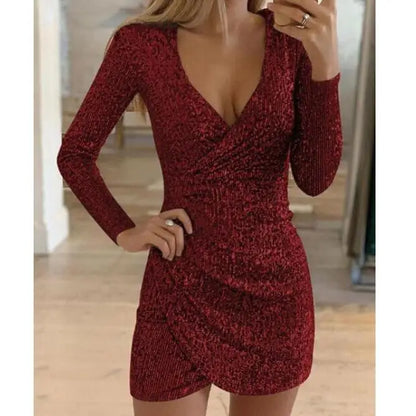 Women Sequined Solid Color V-Neck Long Sleeve Irregular Pencil Short Dress Kia Day Design