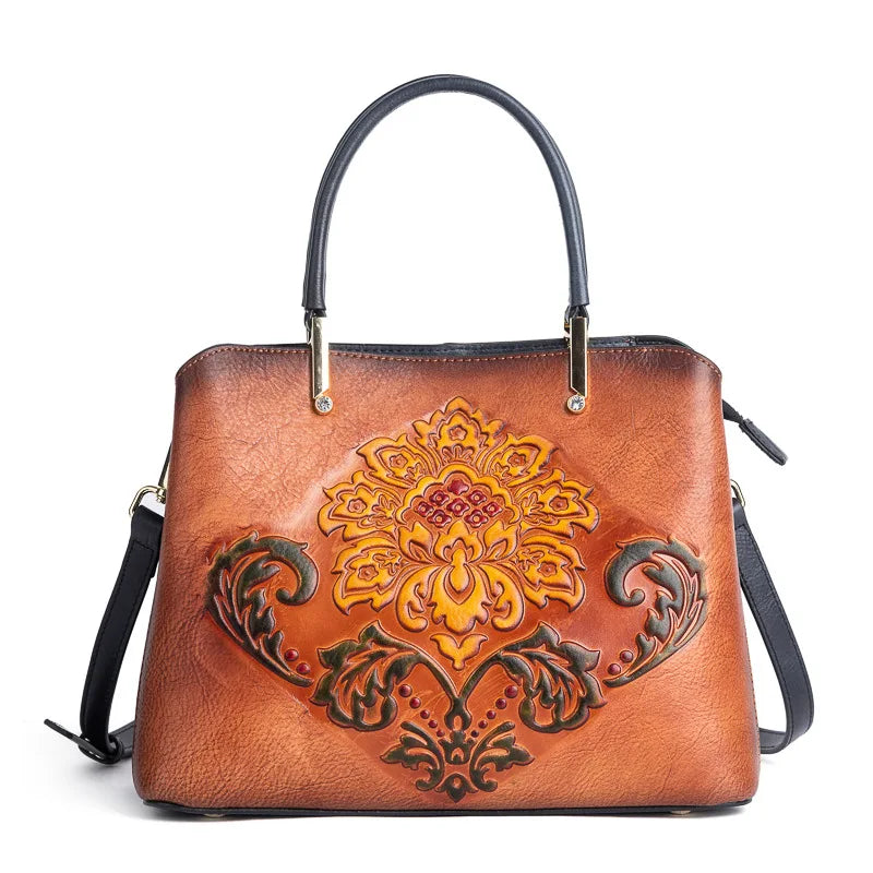 Traditional Chinese Style Durable Genuine Leather Tote Bag Real Leather Women Bags Kia Day Design