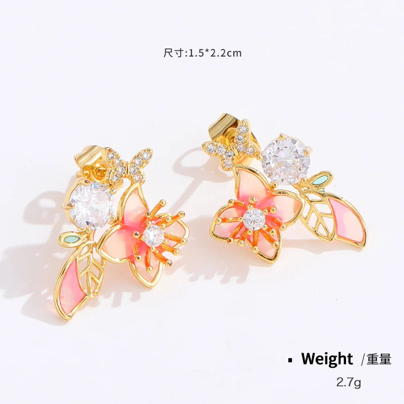 Women Copper Real Gold-Plated Pink Enamel Flower Earrings Kia Day Design