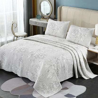 Cotton Embroidered Flower Pattern Coverlet Set white