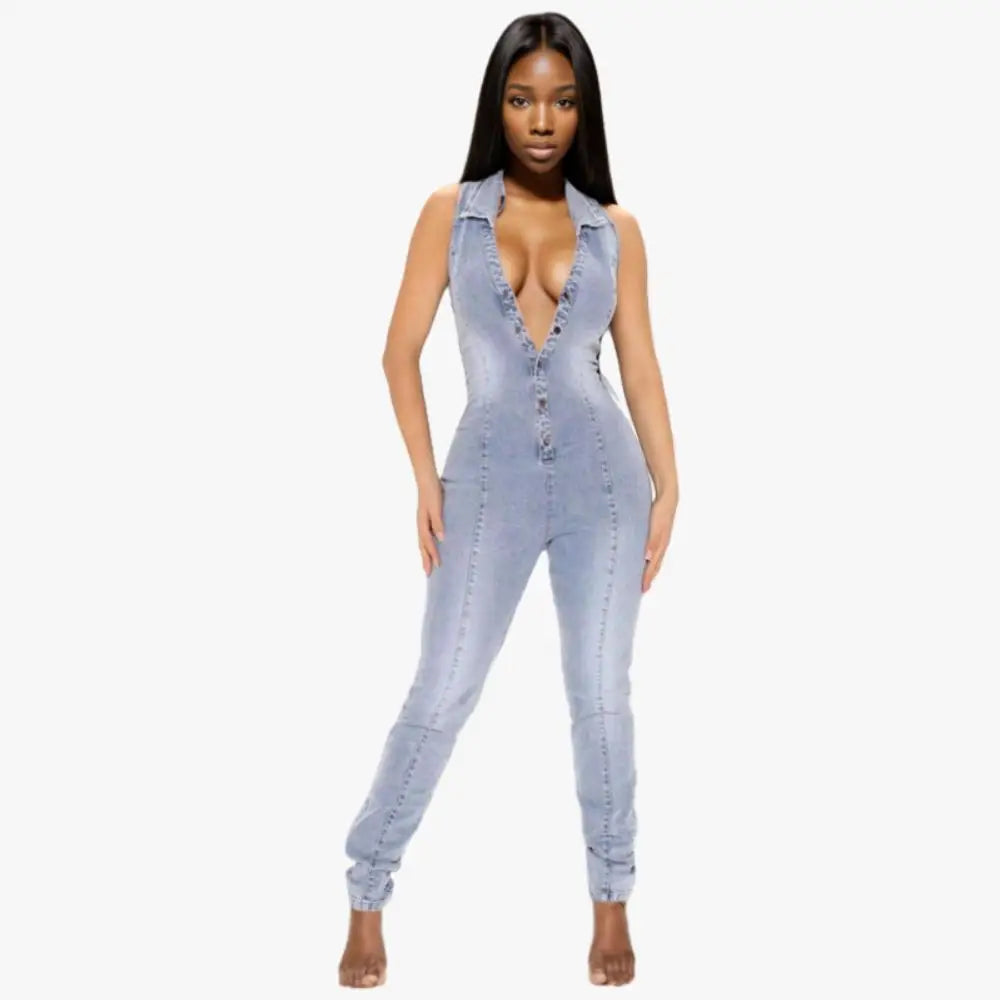 Women's Sleeveless Lapel Button Down Denim Jumpsuit Kia Day Design