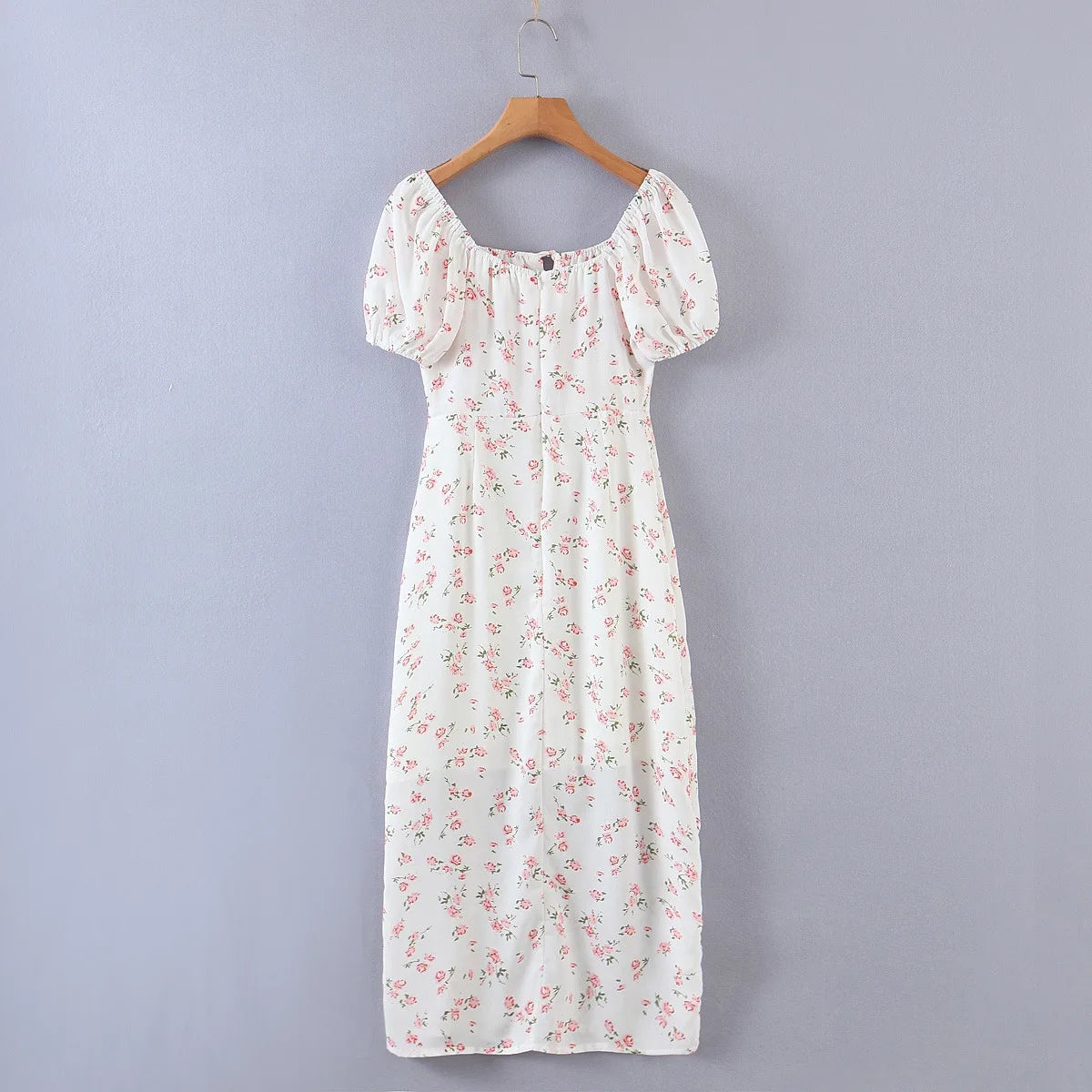 Puff Sleeve Floral Print Square Collar Side Split Midi Dress Kia Day Design