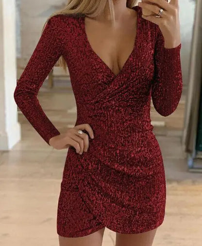 Women Sequined Solid Color V-Neck Long Sleeve Irregular Pencil Short Dress Kia Day Design