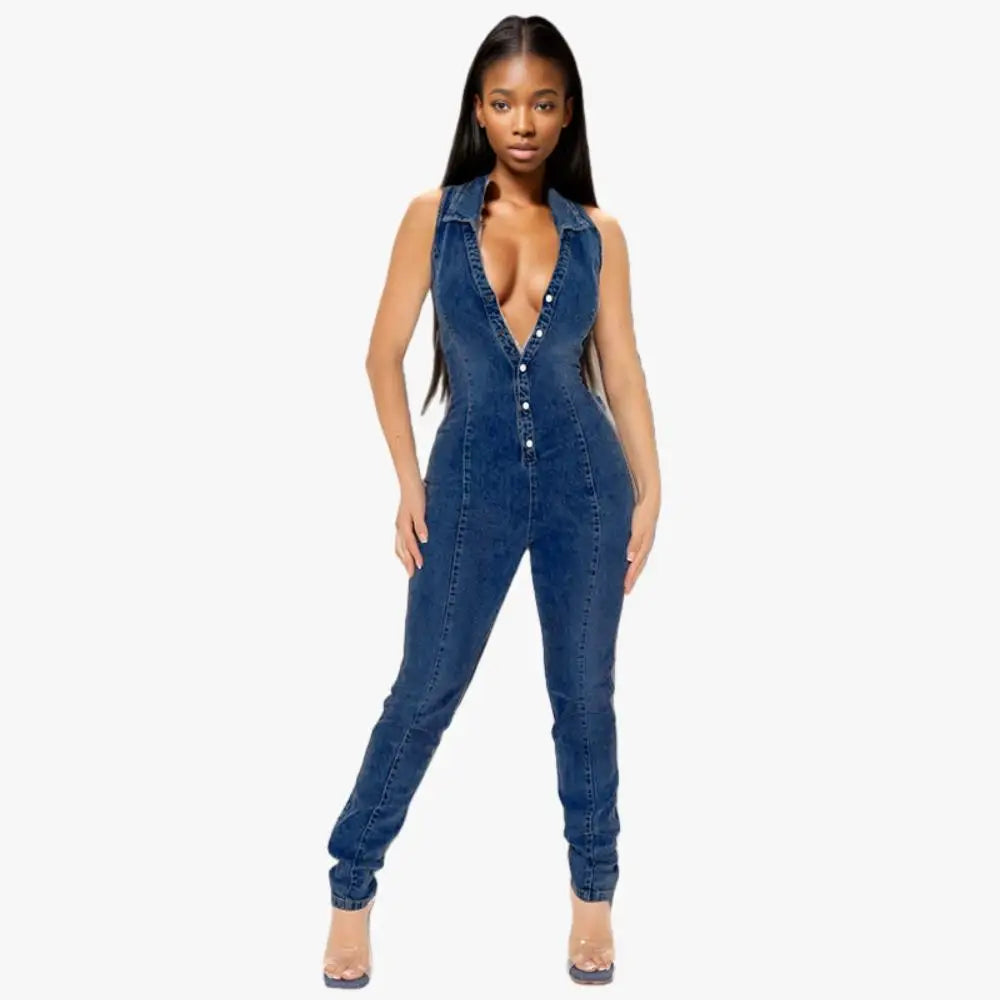 Women's Sleeveless Lapel Button Down Denim Jumpsuit Kia Day Design