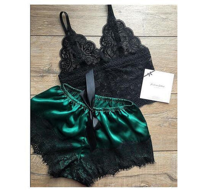 Lingerie Two Piece Women Pajamas Sleepwear Dark Green