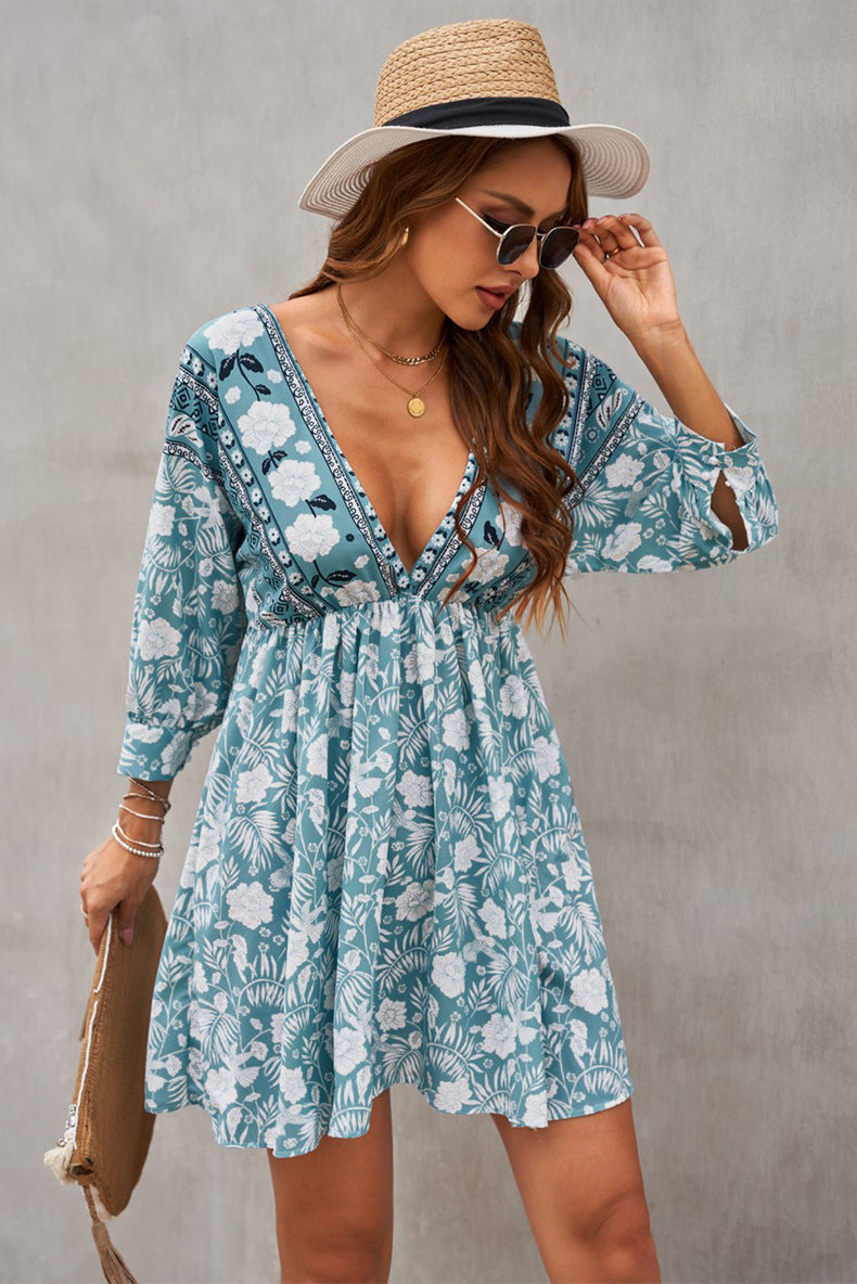 Women Vintage Floral Print v Neck Cut-Out Ruffle Mini Bohemian Boho Dress - - Floral Dresses