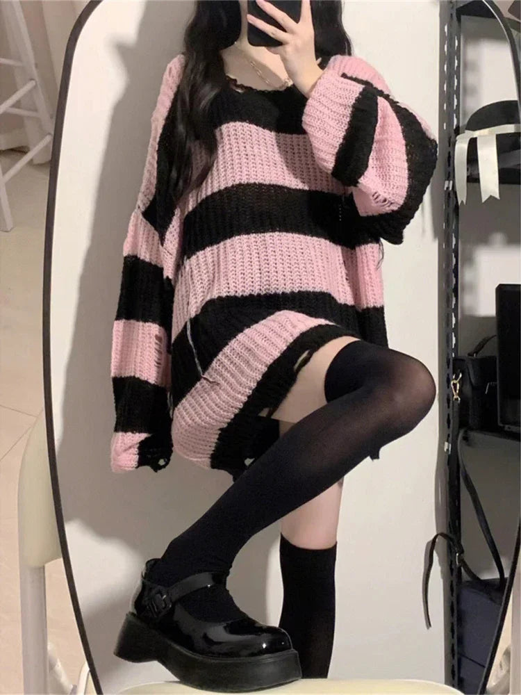 Deeptown Pink Striped Vintage Knitted Sweater - Kia Day Design