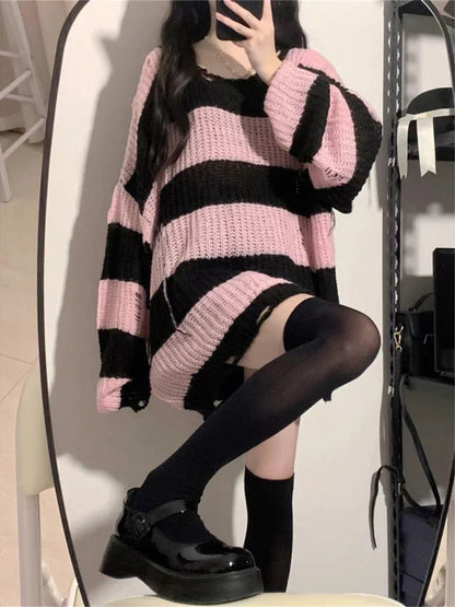 Deeptown Pink Striped Vintage Knitted Sweater - Kia Day Design