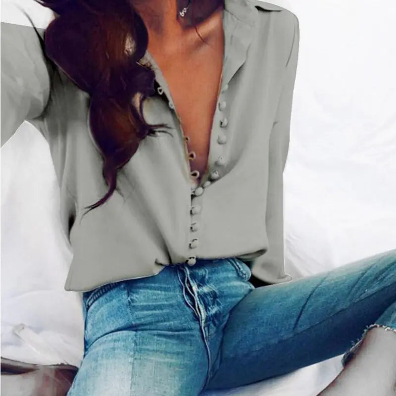 Fashion Casual Solid Color ladies office Tops Buttons Long sleeve Blouse