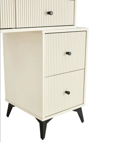 Fluted Makeup Vanity Desk With Round LED Mirror And Lights - - vanity