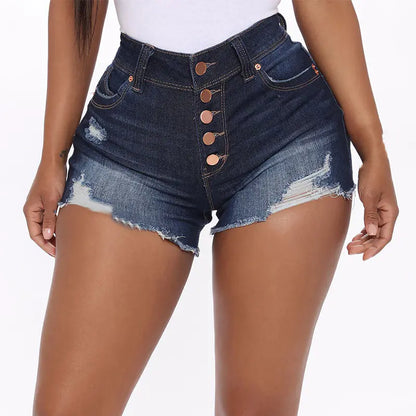Womens Ripped Denim Shorts with Button Detail - Kia Day Design