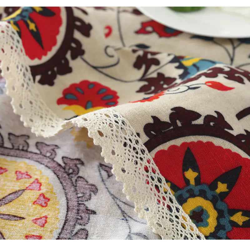 Sunflower Cotton Linen Tablecloth with Vintage Lace - Kia Day Design