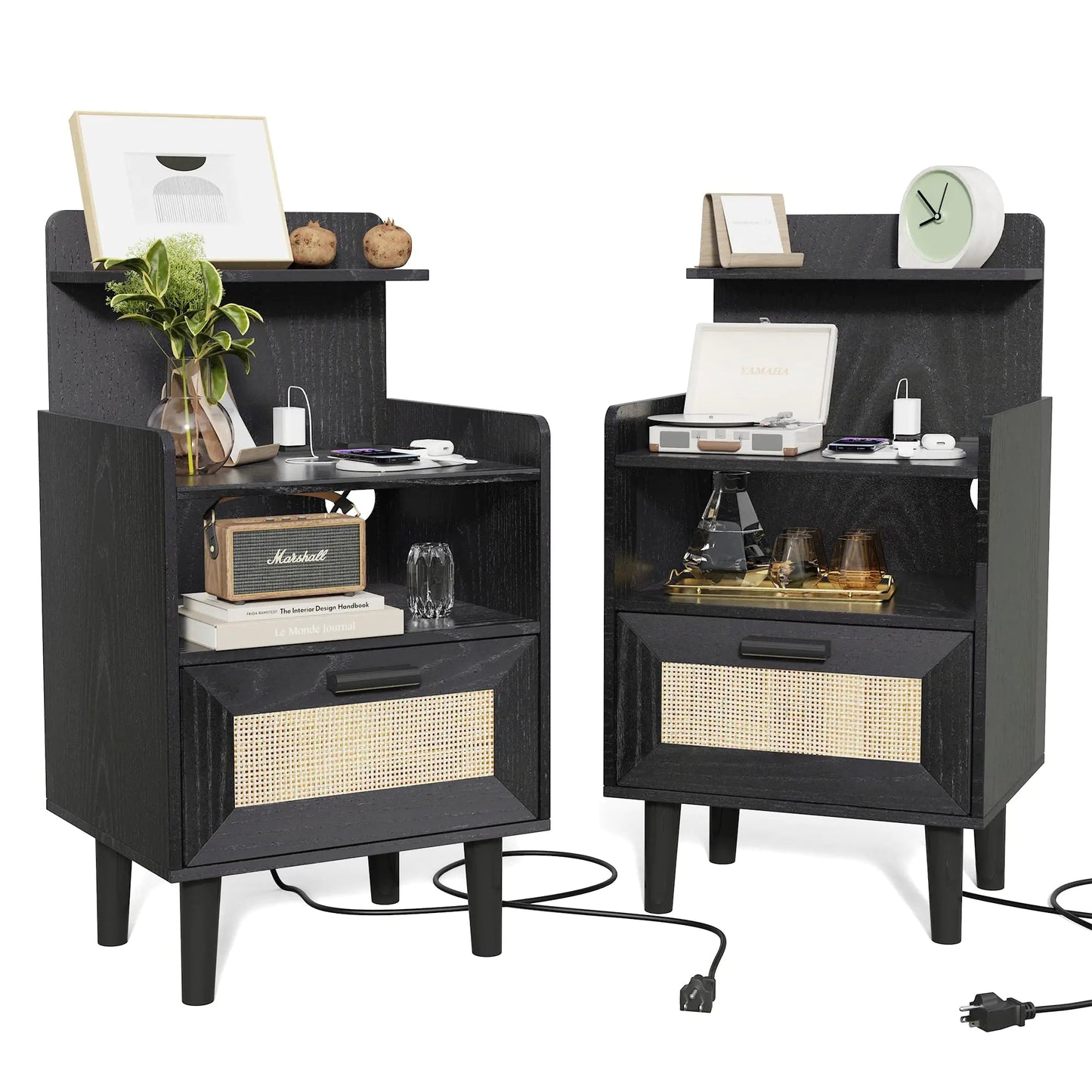 Hiwelldas Black Rattan Nightstand Set with Charging Station & Rattan Decor Drawer - Kia Day Design