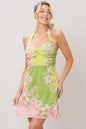 GLOW BLOSSOM WOVEN MINI DRESS - GREEN PINK - DRESSES