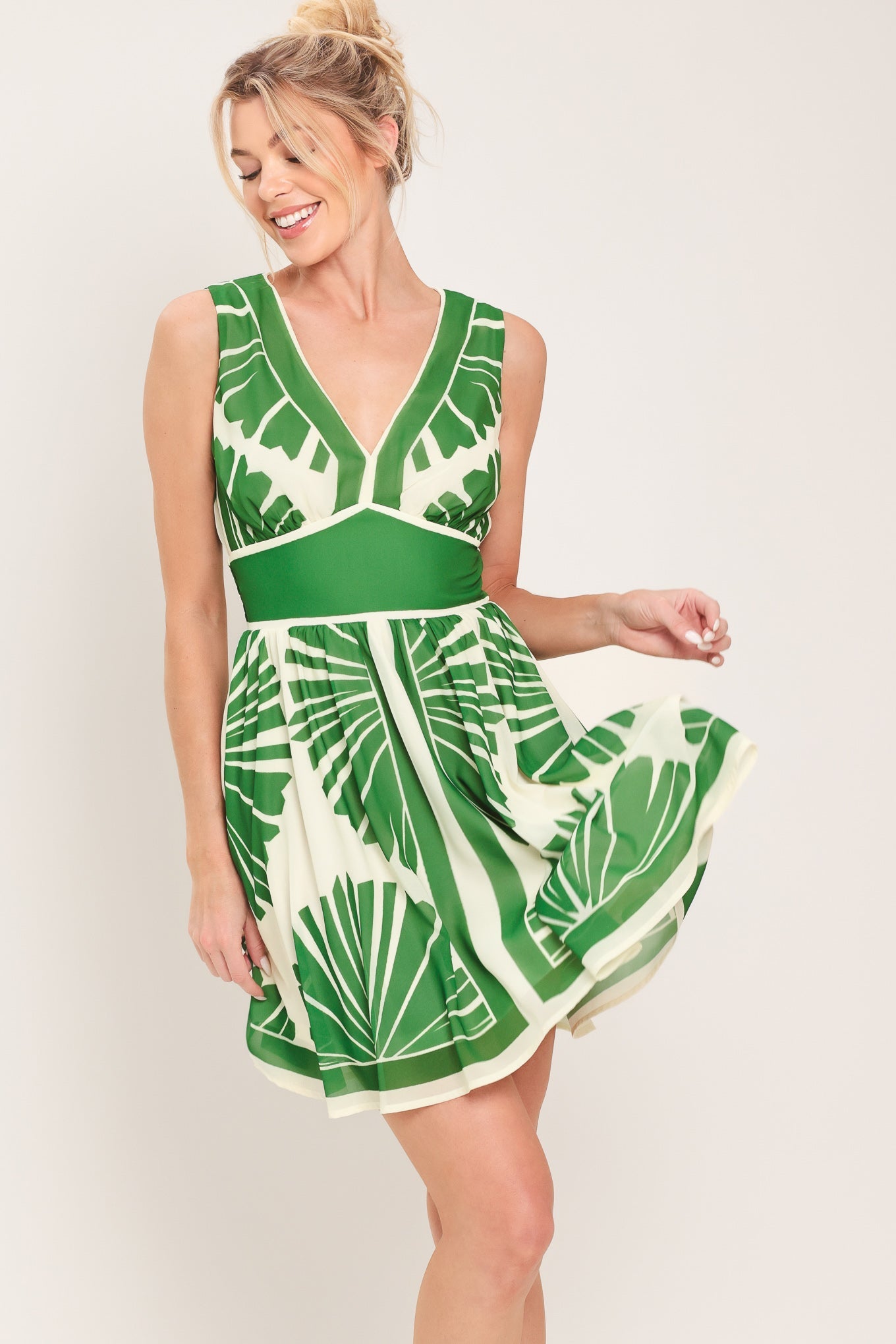 PALM BREEZE WOVEN MINI DRESS - IVORY GREEN - DRESSES