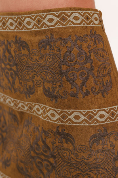 BRONZED TAPESTRY WHIM FAUX SUEDE SKIRT - - SKIRTS