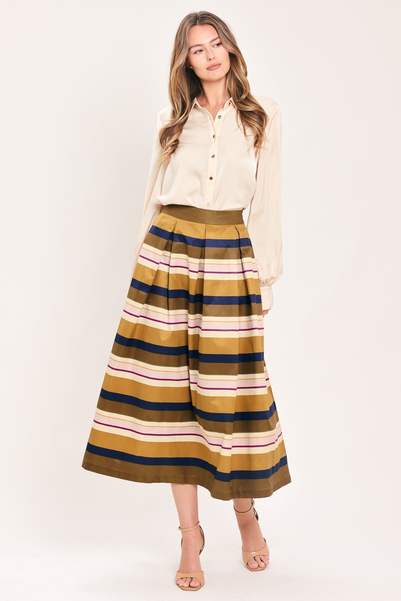 SAFFRON STRIPE WHISPER WOVEN FULL MIDI SKIRT - - SKIRTS