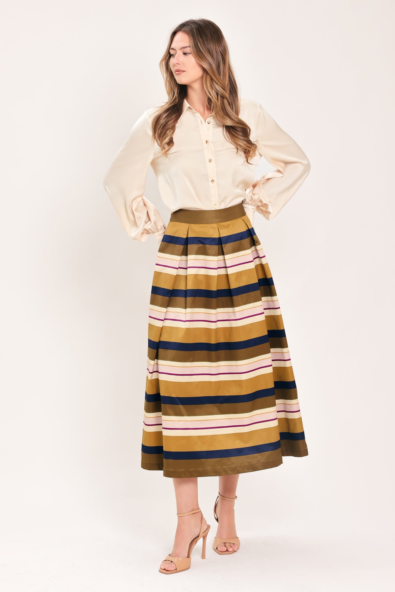 SAFFRON STRIPE WHISPER WOVEN FULL MIDI SKIRT - - SKIRTS