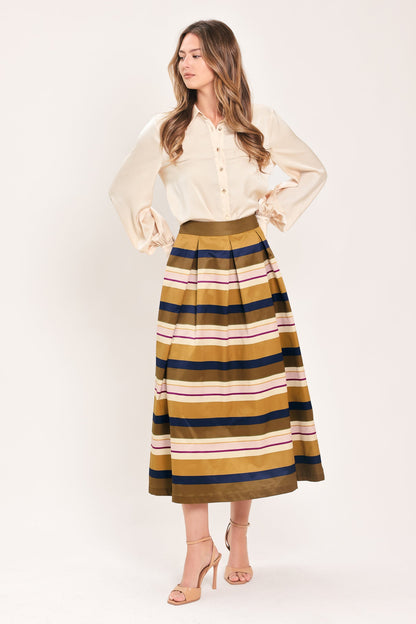 SAFFRON STRIPE WHISPER WOVEN FULL MIDI SKIRT - - SKIRTS