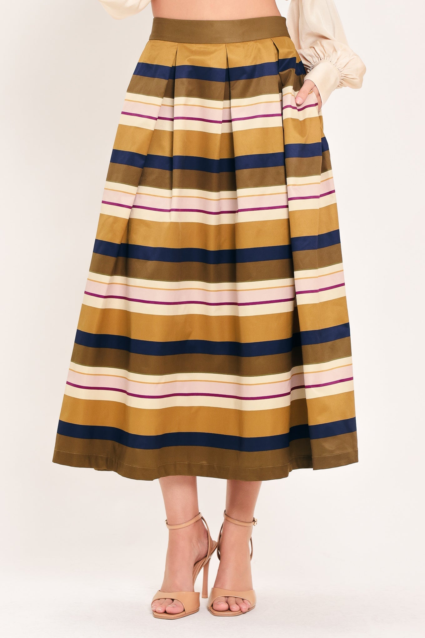 SAFFRON STRIPE WHISPER WOVEN FULL MIDI SKIRT - - SKIRTS