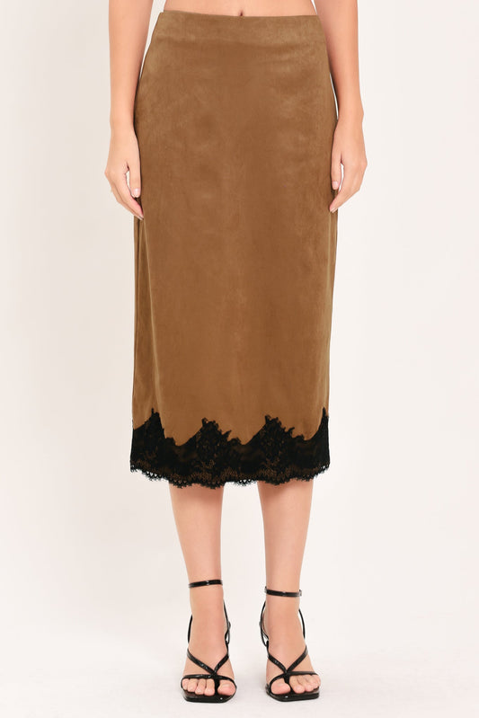 UMBER LACE AFTERGLOW FAUX SUEDE STRAIGHT SKIRT - - SKIRTS