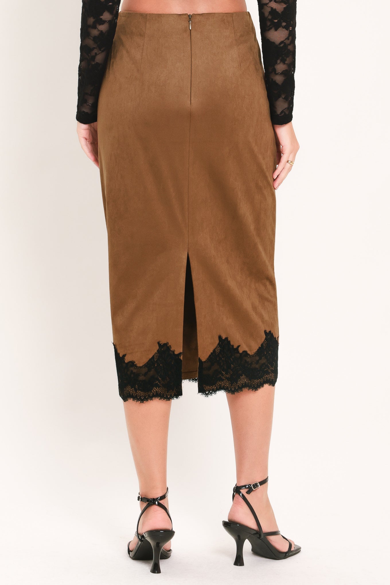 UMBER LACE AFTERGLOW FAUX SUEDE STRAIGHT SKIRT - - SKIRTS
