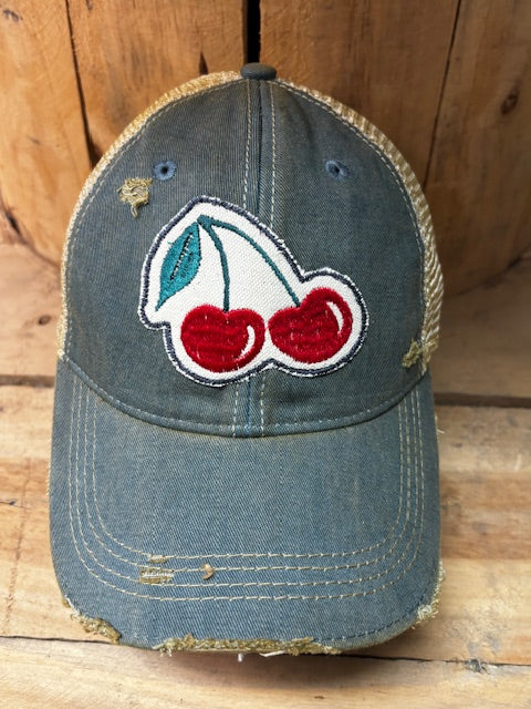 CHERRIES Distressed Tan Mesh Snapback Baseball Cap- The Goat Stock- {{Product type}}