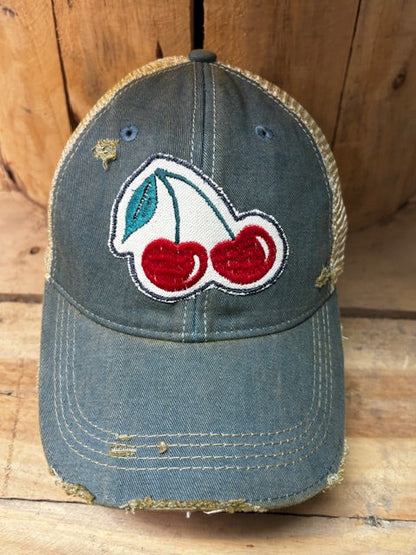 CHERRIES Distressed Tan Mesh Snapback Baseball Cap- The Goat Stock- {{Product type}}