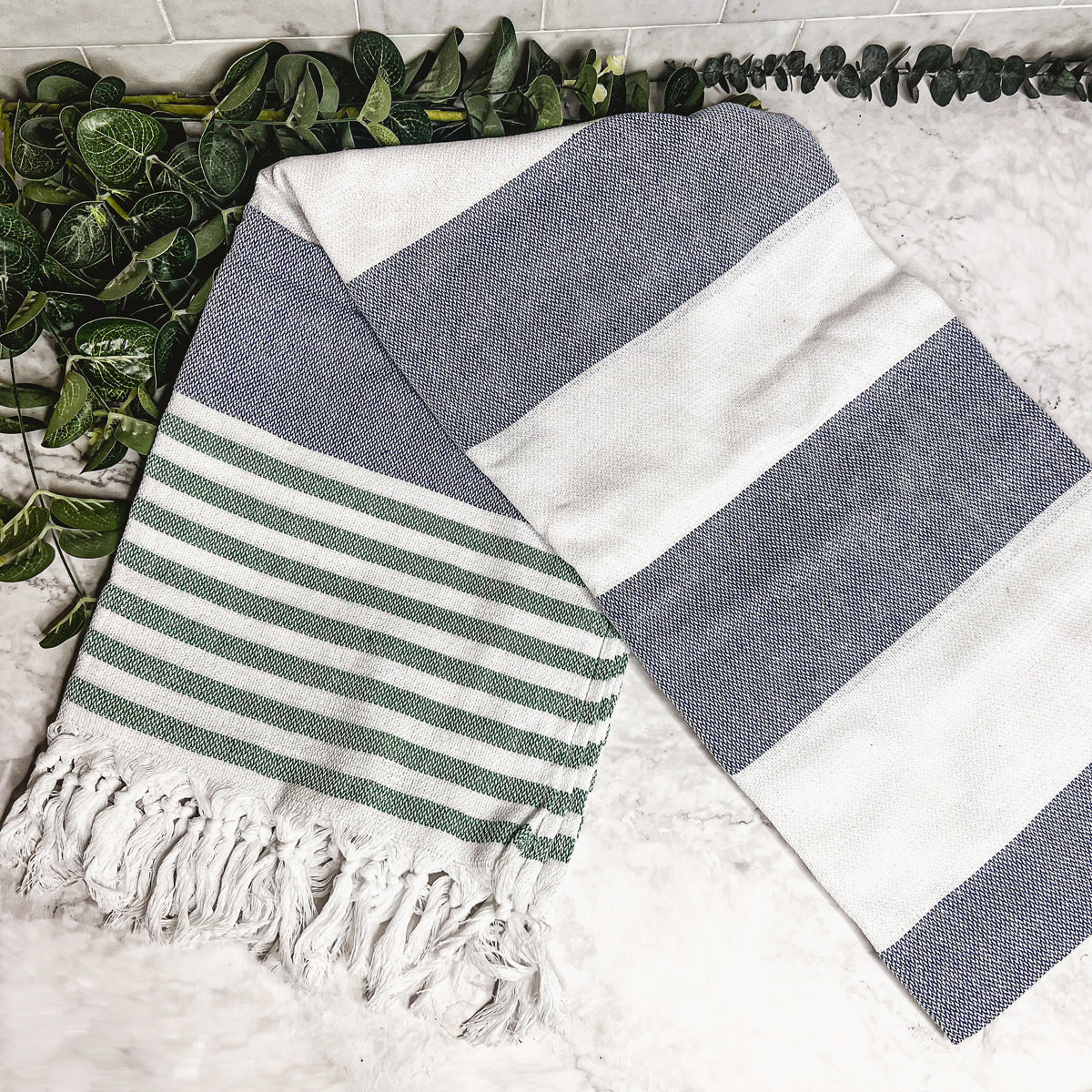 Mediterranean Cotton Bath Towel 180GSM Lightweight Gray Blue Summer - - Textiles & Pillows