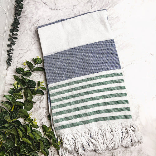 Mediterranean Cotton Bath Towel 180GSM Lightweight Gray Blue Summer - Green & Blue - Textiles & Pillows
