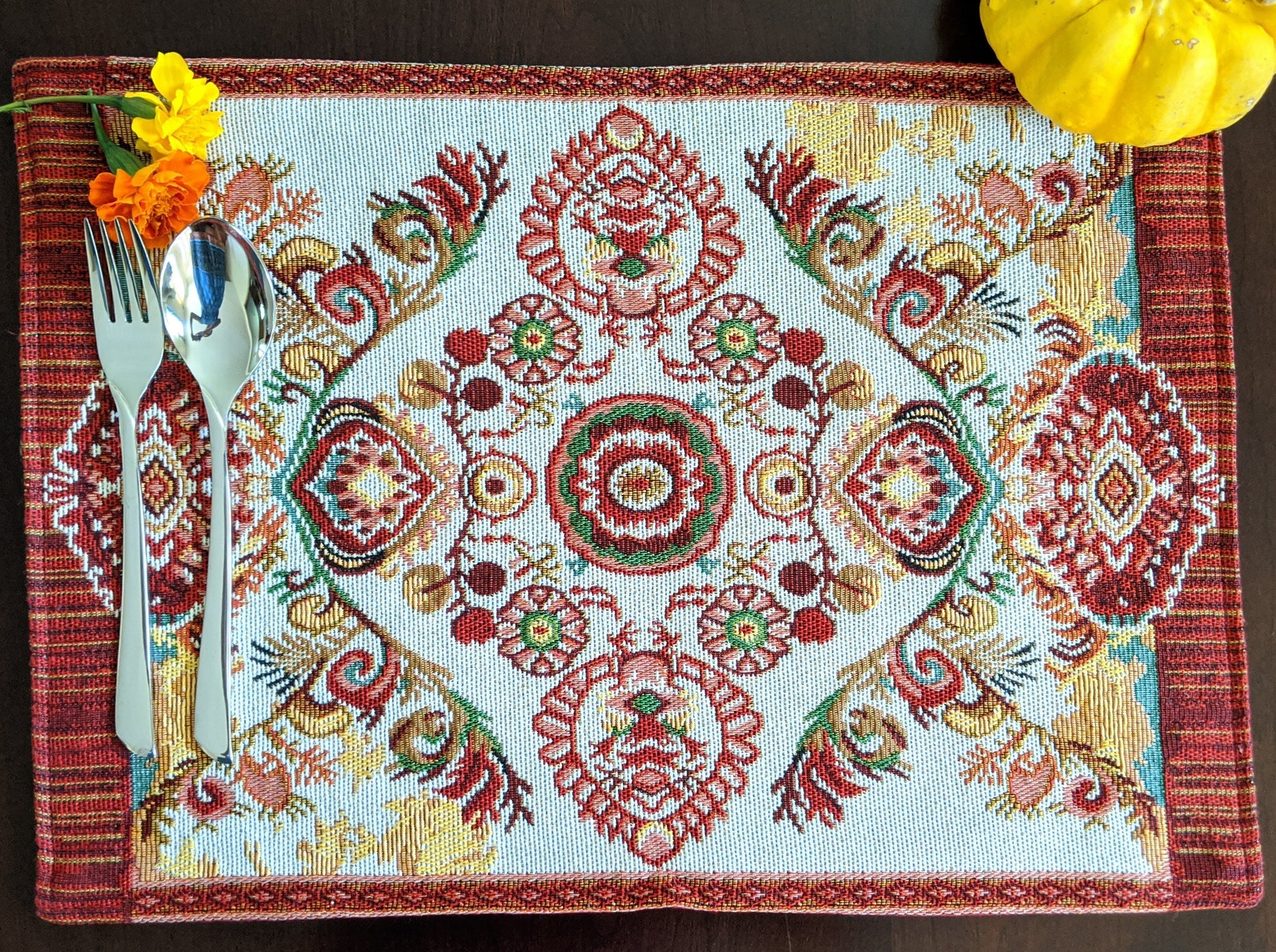 Tache Burgundy Ornate Paisley Woven Tapestry Placemats - Eclectic Modern Dining Set (18194) - - Placemat