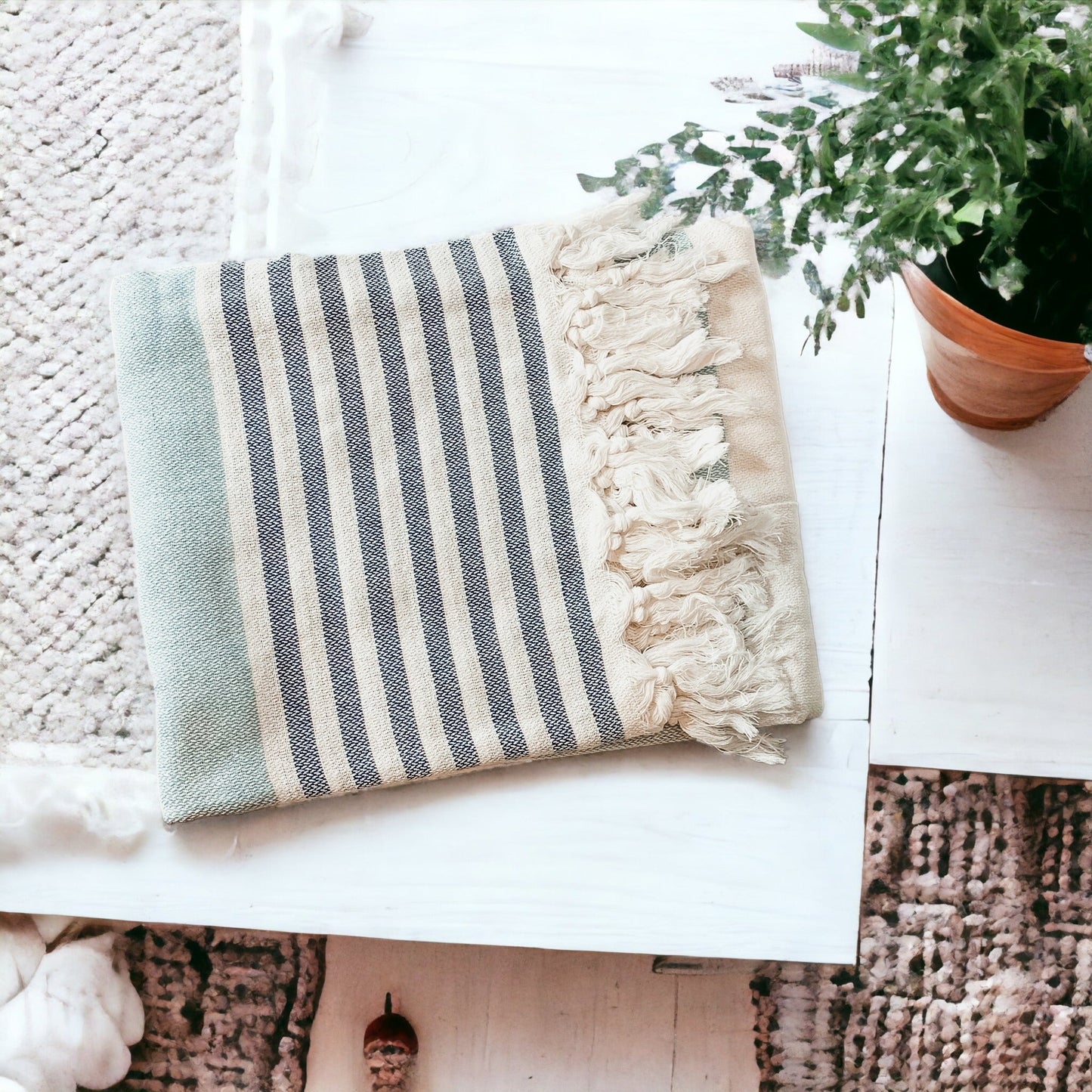 Mediterranean Cotton Bath Towel 180GSM Lightweight Gray Blue Summer - - Textiles & Pillows