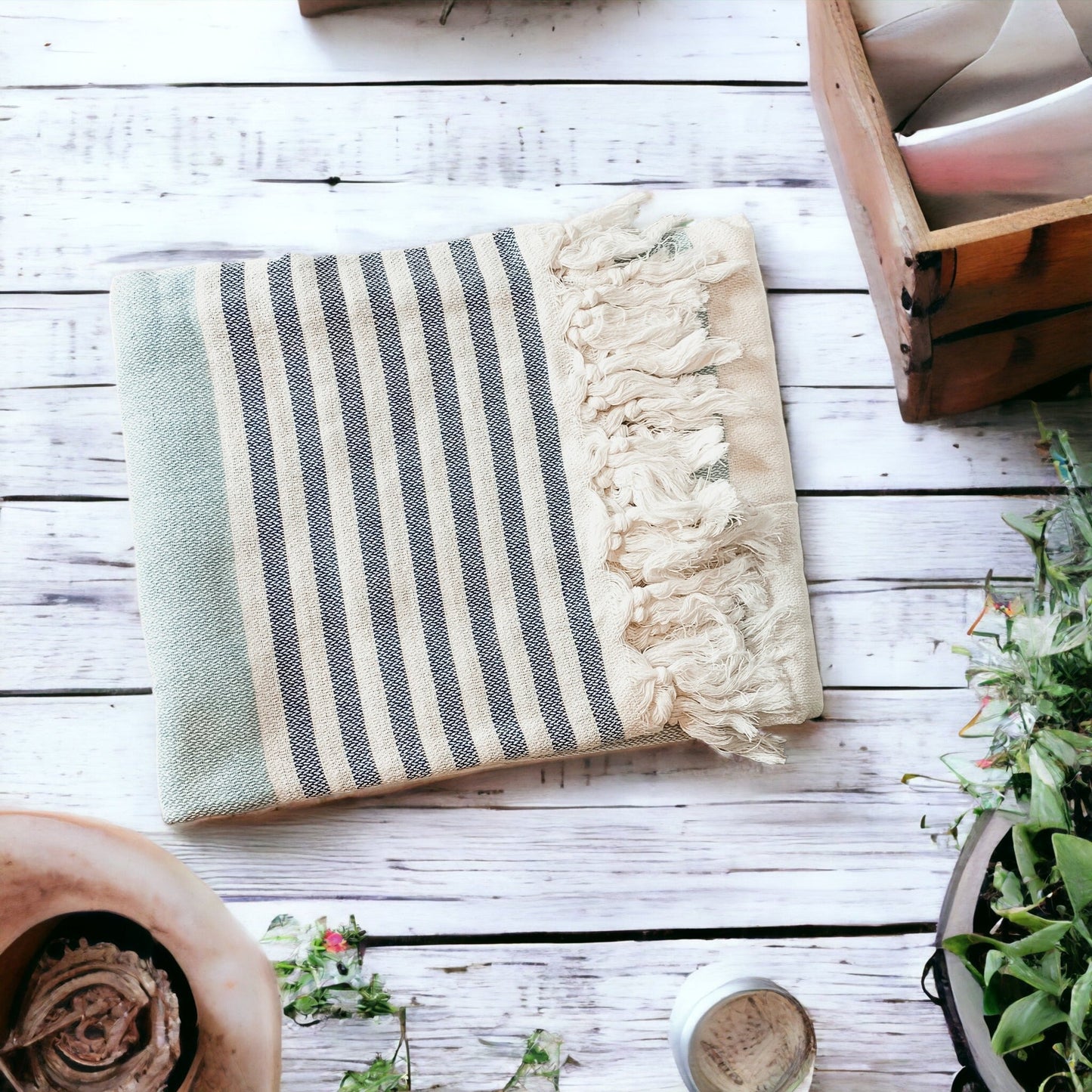 Mediterranean Cotton Bath Towel 180GSM Lightweight Gray Blue Summer - - Textiles & Pillows