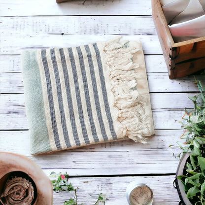 Mediterranean Cotton Bath Towel 180GSM Lightweight Gray Blue Summer - - Textiles & Pillows