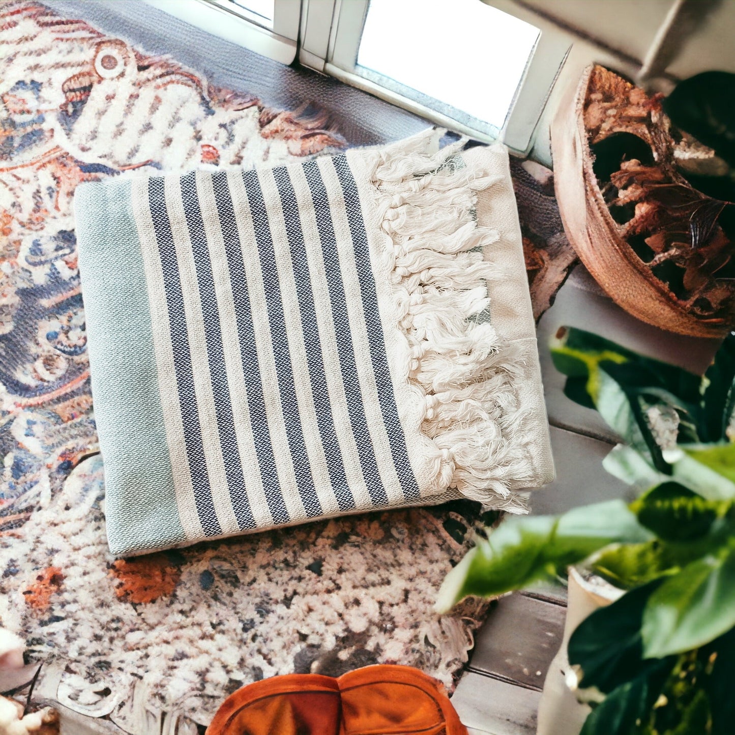 Mediterranean Cotton Bath Towel 180GSM Lightweight Gray Blue Summer - - Textiles & Pillows