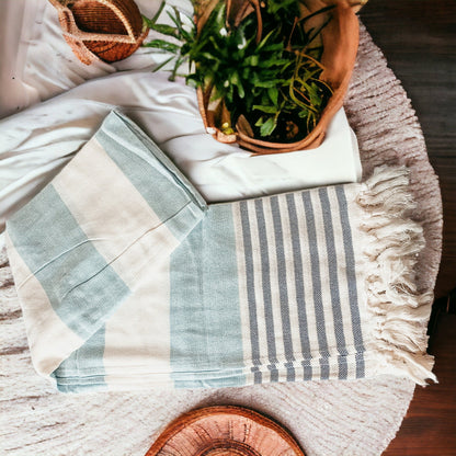 Mediterranean Cotton Bath Towel 180GSM Lightweight Gray Blue Summer - - Textiles & Pillows