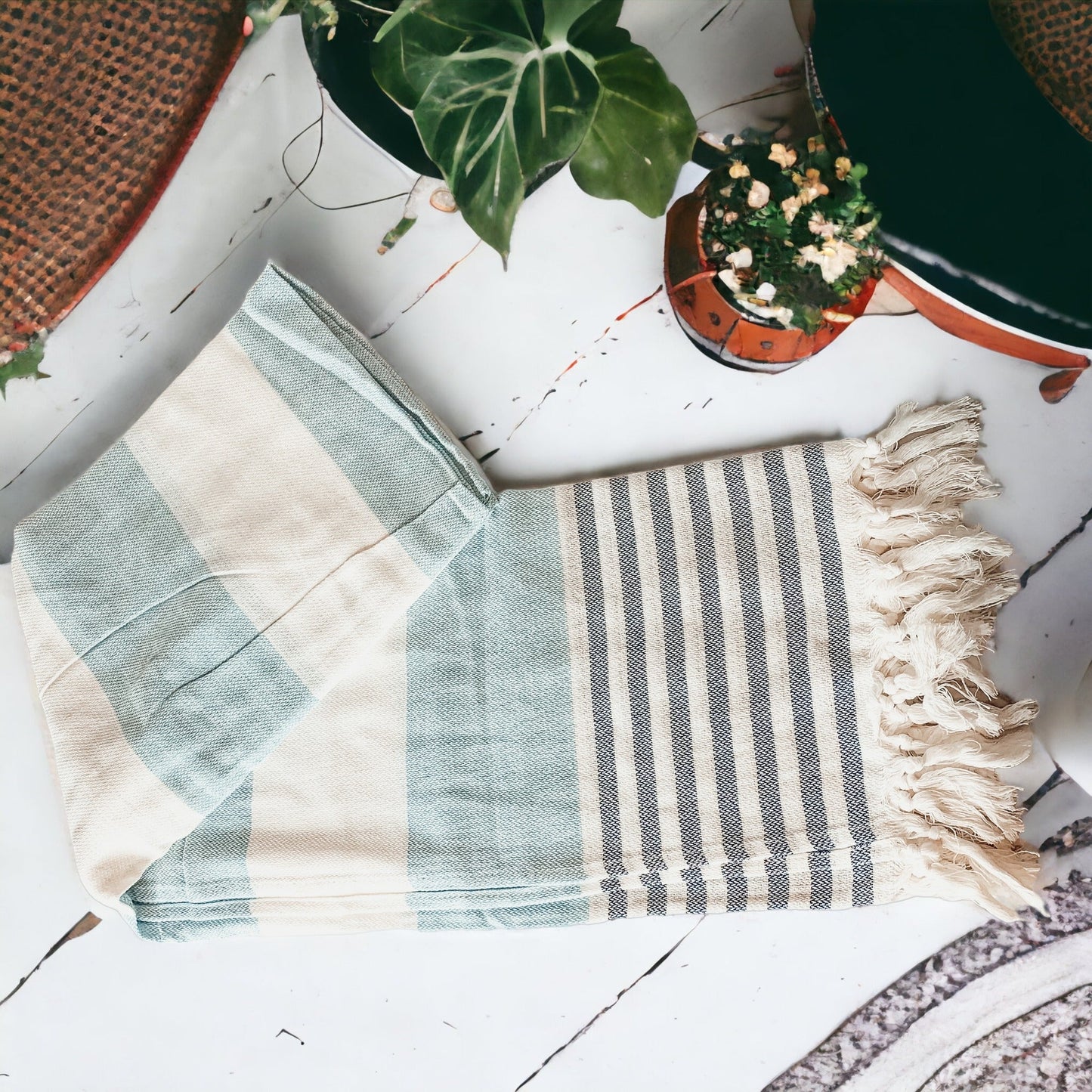 Mediterranean Cotton Bath Towel 180GSM Lightweight Gray Blue Summer - - Textiles & Pillows