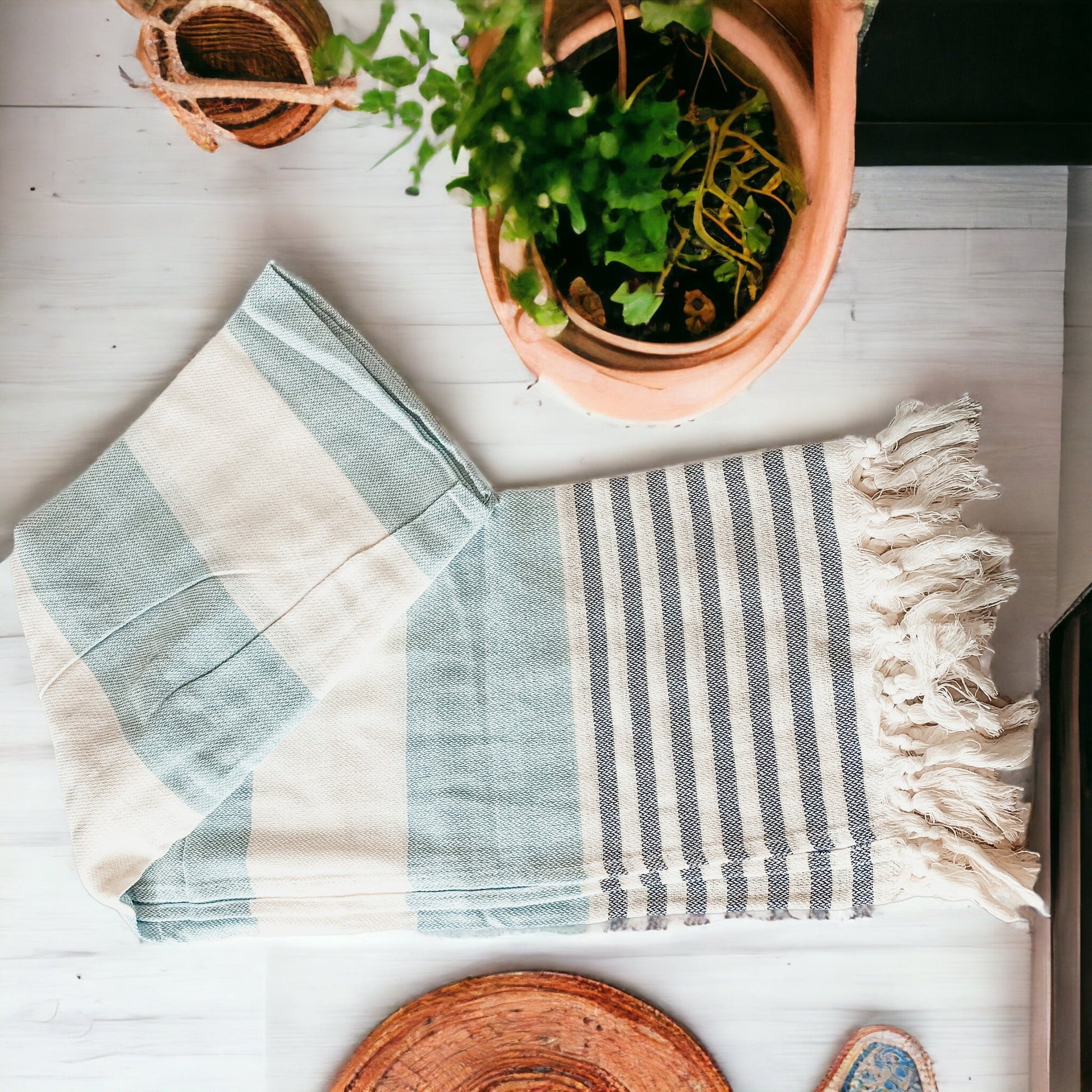Mediterranean Cotton Bath Towel 180GSM Lightweight Gray Blue Summer - - Textiles & Pillows