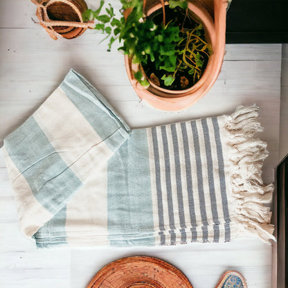 Mediterranean Cotton Bath Towel 180GSM Lightweight Gray Blue Summer - - Textiles & Pillows