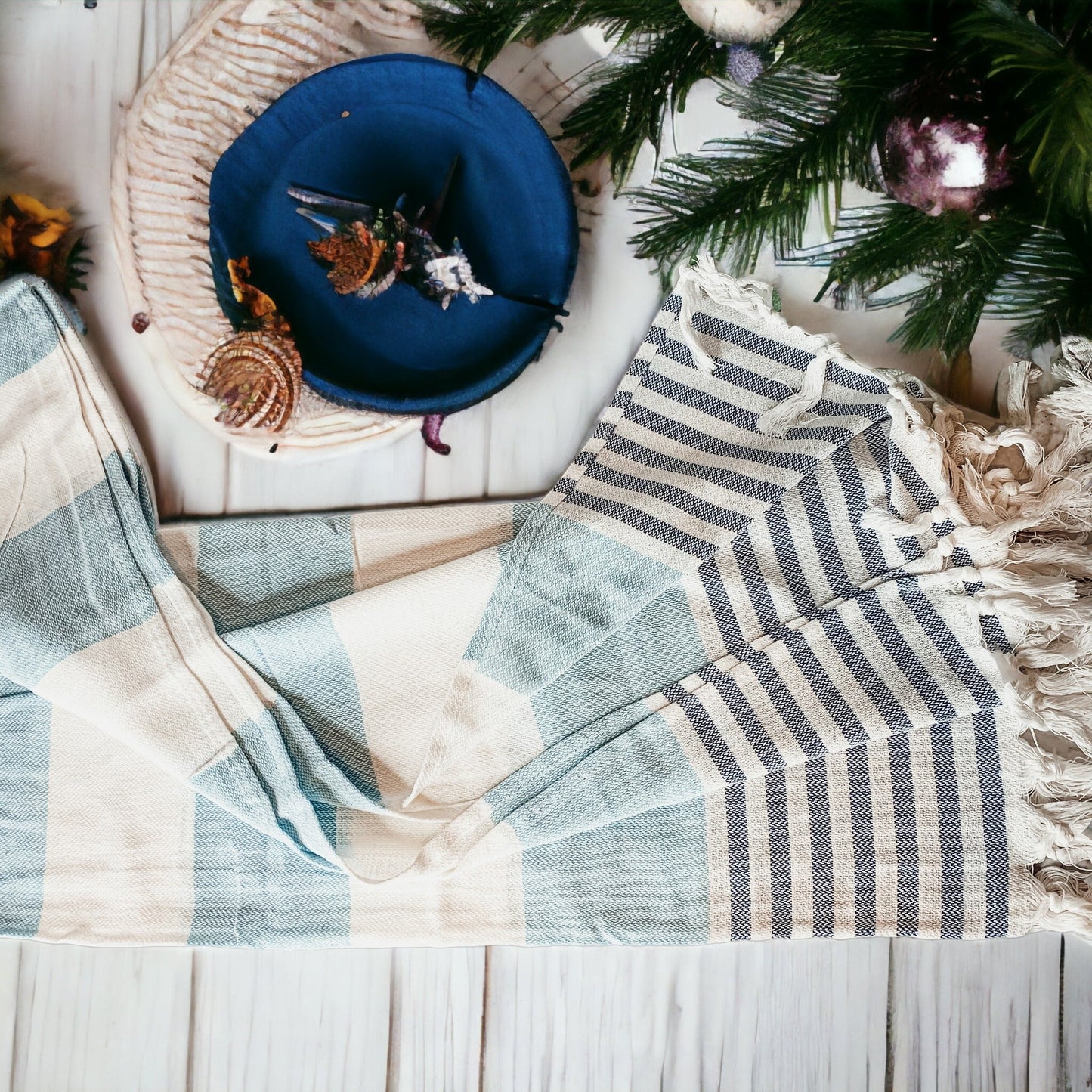 Mediterranean Cotton Bath Towel 180GSM Lightweight Gray Blue Summer - - Textiles & Pillows
