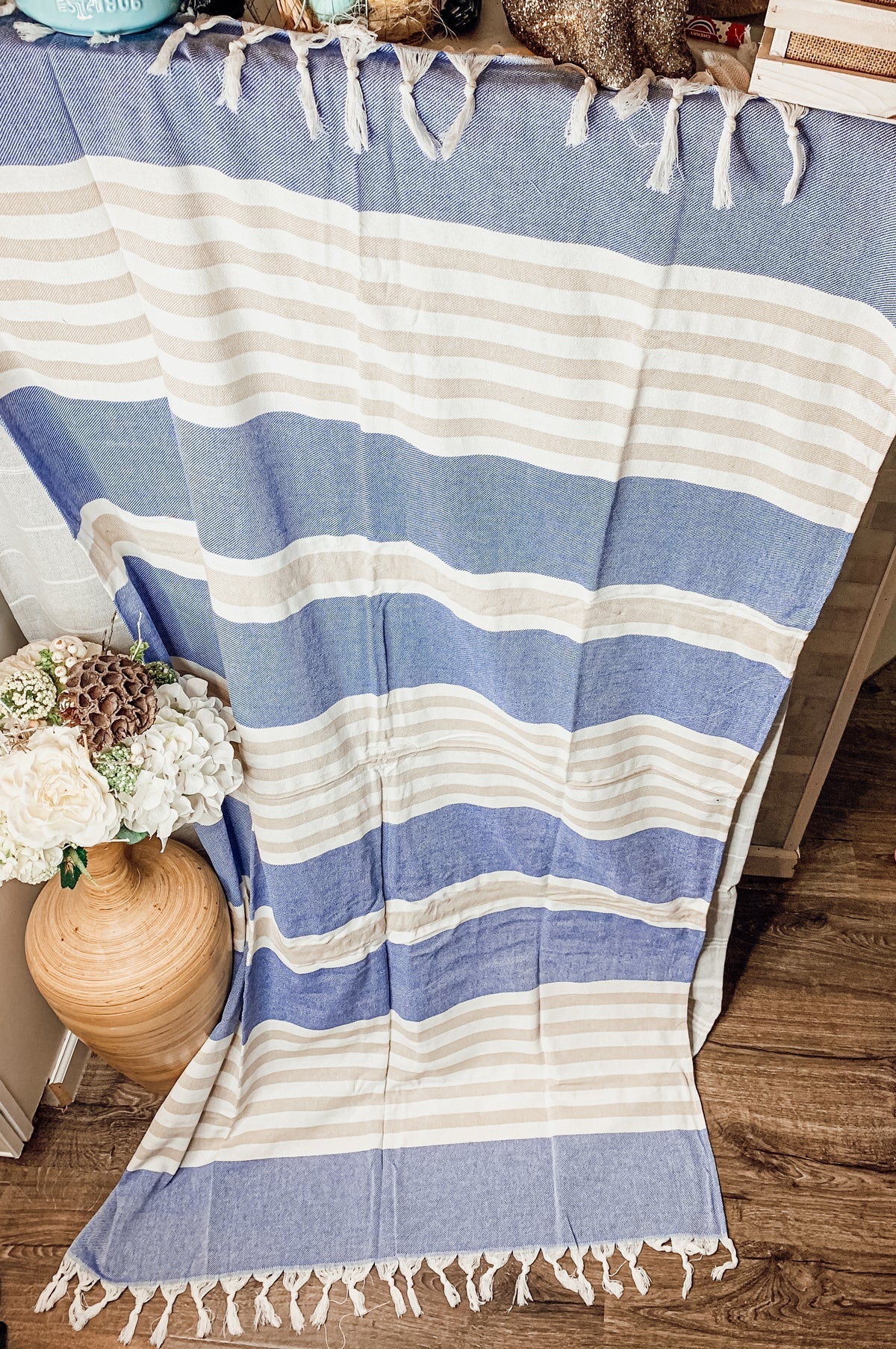 Mediterranean Cotton Bath Towel 180GSM Lightweight Gray Blue Summer - - Textiles & Pillows